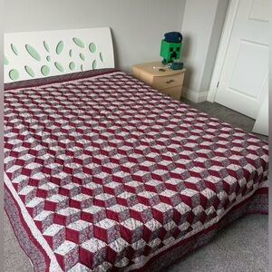 Vintage Handmade Patchwork Quilt Burgundy Floral Queen Size Cottagecore Blanket